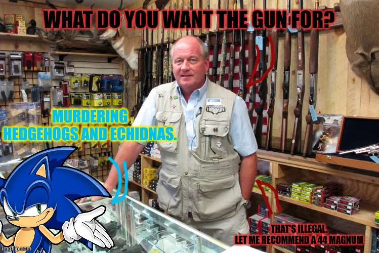 Wait that's illegal | WHAT DO YOU WANT THE GUN FOR? MURDERING HEDGEHOGS AND ECHIDNAS. THAT'S ILLEGAL. 
LET ME RECOMMEND A 44 MAGNUM | image tagged in gun shop gary,wait thats illegal,sonic the hedgehog,get the gun | made w/ Imgflip meme maker