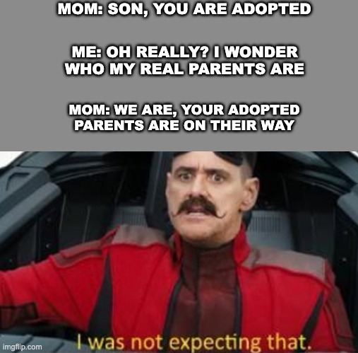 Such a sad story |  MOM: SON, YOU ARE ADOPTED; ME: OH REALLY? I WONDER WHO MY REAL PARENTS ARE; MOM: WE ARE, YOUR ADOPTED PARENTS ARE ON THEIR WAY | image tagged in i was not expecting that,eggman i was not expecting that,sonic the hedgehog,adoption,parents,memes | made w/ Imgflip meme maker