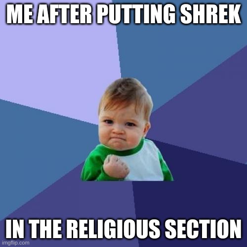 yes | ME AFTER PUTTING SHREK; IN THE RELIGIOUS SECTION | image tagged in memes,success kid | made w/ Imgflip meme maker