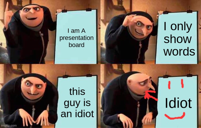 presentation board | I am A presentation board; I only show  words; this guy is an idiot; Idiot | image tagged in memes,gru's plan | made w/ Imgflip meme maker