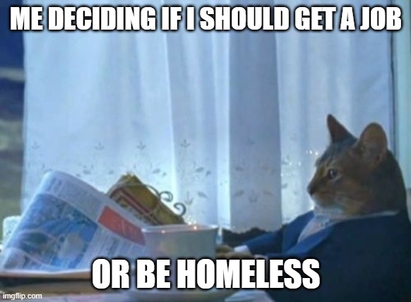 deciding | ME DECIDING IF I SHOULD GET A JOB; OR BE HOMELESS | image tagged in memes,i should buy a boat cat | made w/ Imgflip meme maker