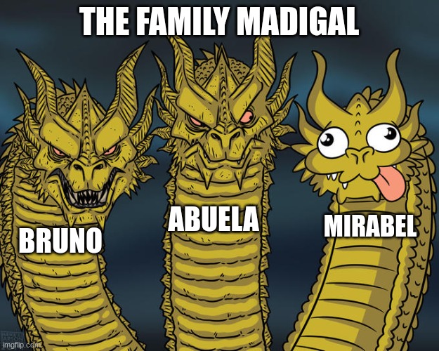 Three-headed Dragon | THE FAMILY MADIGAL; ABUELA; MIRABEL; BRUNO | image tagged in three-headed dragon | made w/ Imgflip meme maker