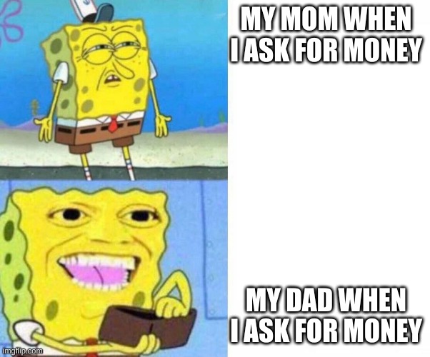 lol | MY MOM WHEN I ASK FOR MONEY; MY DAD WHEN I ASK FOR MONEY | image tagged in sponge bob wallet | made w/ Imgflip meme maker
