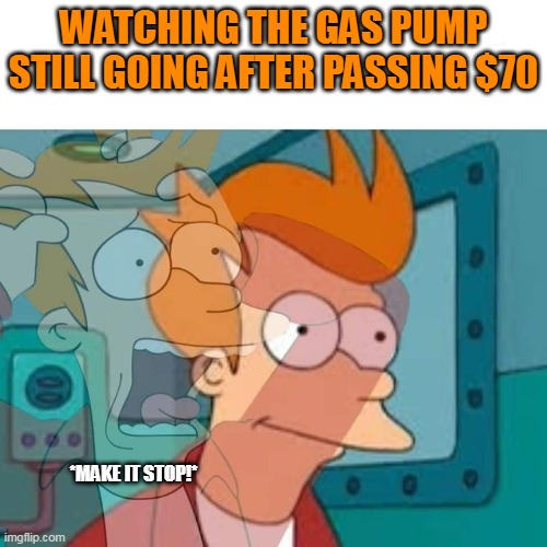 fry |  WATCHING THE GAS PUMP STILL GOING AFTER PASSING $70; *MAKE IT STOP!* | image tagged in fry | made w/ Imgflip meme maker