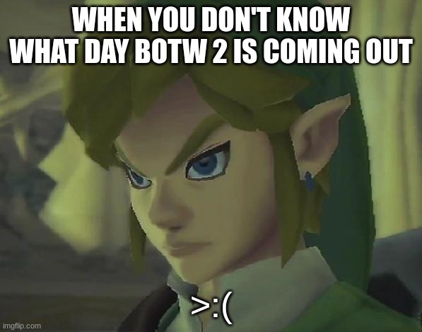Angry Link | WHEN YOU DON'T KNOW WHAT DAY BOTW 2 IS COMING OUT; >:( | image tagged in angry link | made w/ Imgflip meme maker