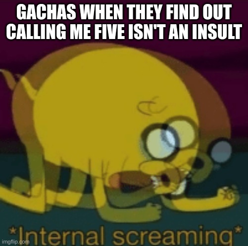 Jake The Dog Internal Screaming | GACHAS WHEN THEY FIND OUT CALLING ME FIVE ISN'T AN INSULT | image tagged in jake the dog internal screaming | made w/ Imgflip meme maker