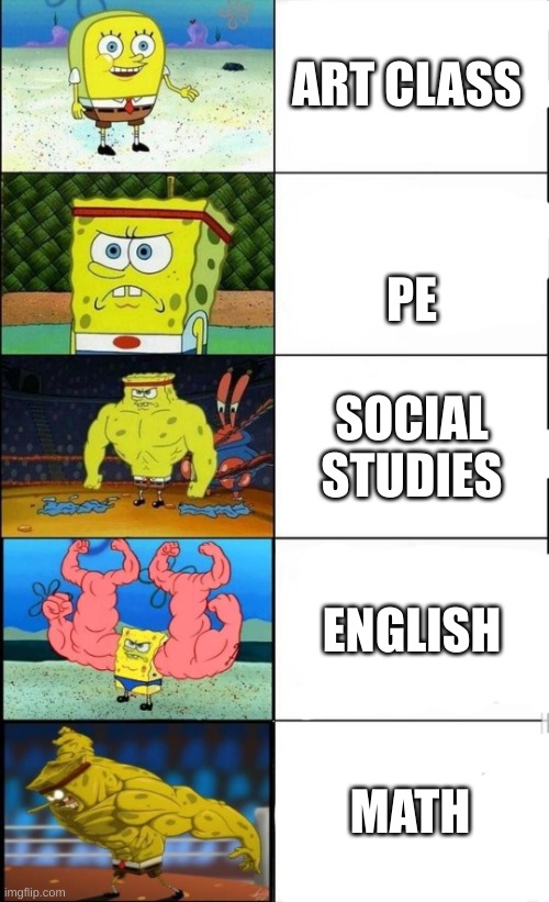 Classes | ART CLASS; PE; SOCIAL STUDIES; ENGLISH; MATH | image tagged in spongebob strong | made w/ Imgflip meme maker