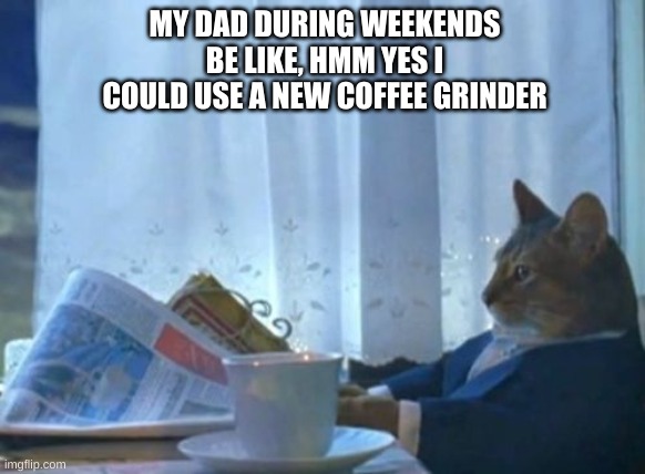 I Should Buy A Boat Cat | MY DAD DURING WEEKENDS BE LIKE, HMM YES I COULD USE A NEW COFFEE GRINDER | image tagged in memes,i should buy a boat cat | made w/ Imgflip meme maker