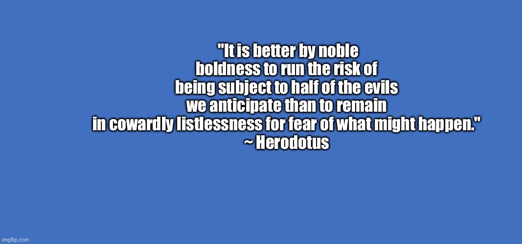 Herodotus on inaction | "It is better by noble boldness to run the risk of being subject to half of the evils we anticipate than to remain in cowardly listlessness for fear of what might happen."
~ Herodotus | image tagged in must speak out | made w/ Imgflip meme maker