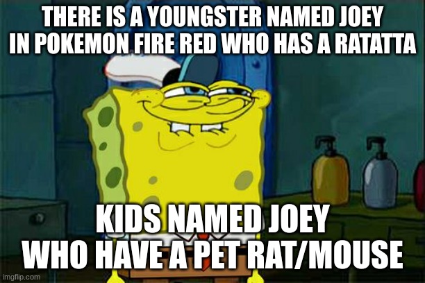 joeys | THERE IS A YOUNGSTER NAMED JOEY IN POKEMON FIRE RED WHO HAS A RATATTA; KIDS NAMED JOEY WHO HAVE A PET RAT/MOUSE | image tagged in memes,don't you squidward | made w/ Imgflip meme maker
