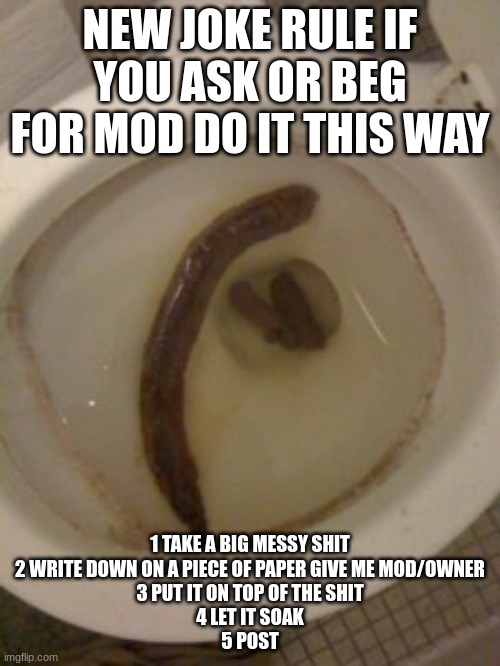 new way to ask simple as that | NEW JOKE RULE IF YOU ASK OR BEG FOR MOD DO IT THIS WAY; 1 TAKE A BIG MESSY SHIT
2 WRITE DOWN ON A PIECE OF PAPER GIVE ME MOD/OWNER
3 PUT IT ON TOP OF THE SHIT
4 LET IT SOAK
5 POST | made w/ Imgflip meme maker
