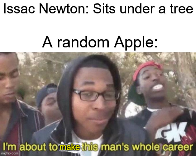 made this for my school (IT GOT FEATURED ON THE SCIENCE PAGE FOR MY SCHOOL!) | Issac Newton: Sits under a tree; A random Apple:; make | image tagged in i m about to end this man s whole career,memes,apples,newton,history,historical meme | made w/ Imgflip meme maker