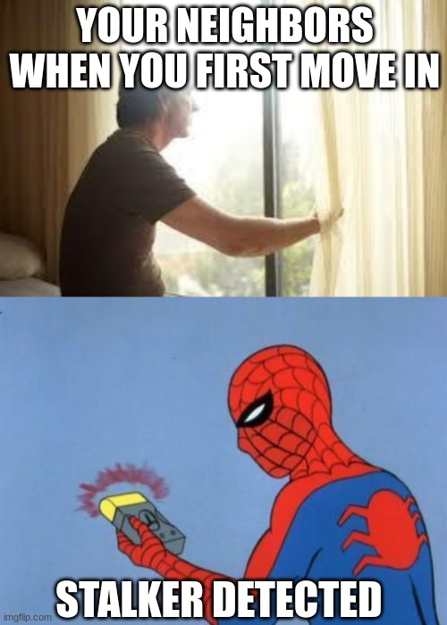 I sense a stalker................ | YOUR NEIGHBORS WHEN YOU FIRST MOVE IN; STALKER DETECTED | image tagged in staring out window,spiderman detector | made w/ Imgflip meme maker