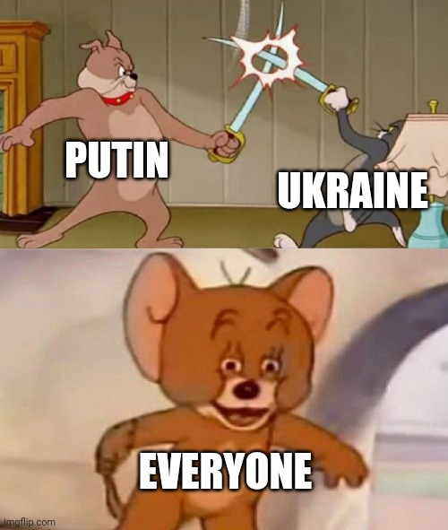 We support Ukraine. Not the mean ones. Glad I'm not from Ukraine. | PUTIN; UKRAINE; EVERYONE | image tagged in tom and jerry swordfight,memes,ukraine,putin,vladimir putin | made w/ Imgflip meme maker