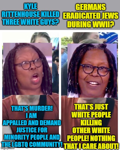 Social Justice Whoopi Hypocrisy | KYLE RITTENHOUSE KILLED THREE WHITE GUYS? GERMANS ERADICATED JEWS DURING WWII? THAT'S JUST WHITE PEOPLE KILLING OTHER WHITE PEOPLE! NOTHING THAT I CARE ABOUT! THAT'S MURDER!     I AM      APPALLED AND DEMAND JUSTICE FOR MINORITY PEOPLE AND THE LGBTQ COMMUNITY! | image tagged in social justice warrior hypocrisy,political meme,whoopi goldberg,kyle rittenhouse,jewish holocaust,race | made w/ Imgflip meme maker