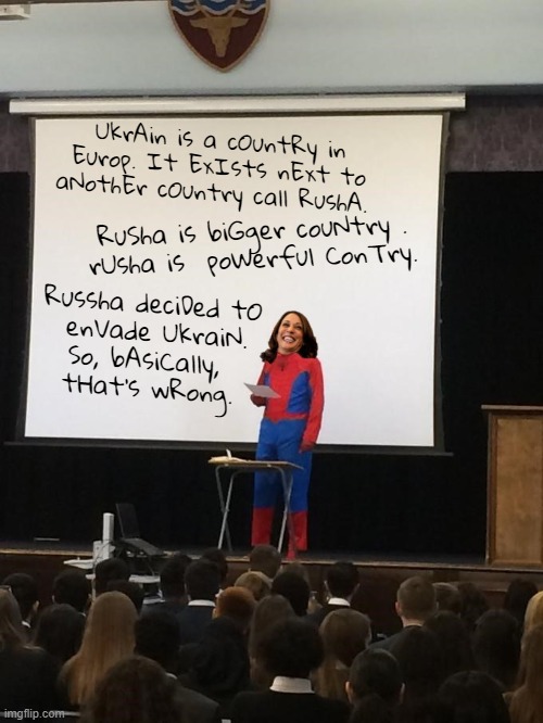 UkrAin is a cOuntRy in Europ. It ExIsts nExt to aNothEr cOuntry call RushA. RuSha is biGger couNtry .
rUsha is  poWerful ConTry. Russha deciDed tO
 enVade UkraiN.
So, bAsiCally, 
tHat's wRong. | image tagged in kamala harris,ukraine,russia | made w/ Imgflip meme maker