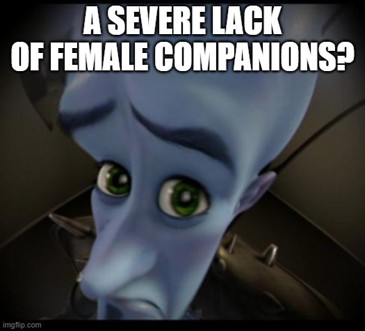 Megamind peeking | A SEVERE LACK OF FEMALE COMPANIONS? | image tagged in no bitches | made w/ Imgflip meme maker