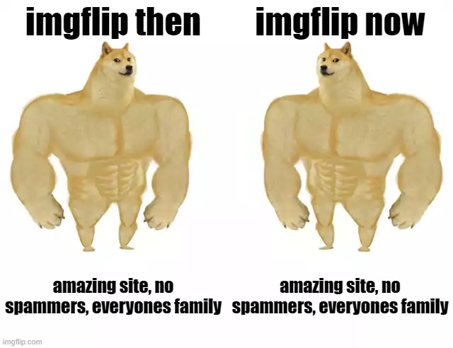 First Meme in fundogs stream!! by lexile1375 | imgflip then; imgflip now; amazing site, no spammers, everyones family; amazing site, no spammers, everyones family | image tagged in buff doge vs buff doge | made w/ Imgflip meme maker