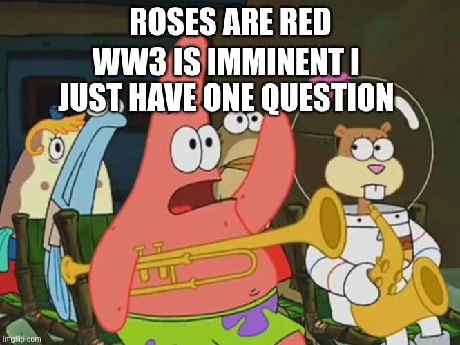 most likely a repost | ROSES ARE RED; WW3 IS IMMINENT I JUST HAVE ONE QUESTION | image tagged in is mayonnaise an instrument,spongebob,ww3,i have a question for god | made w/ Imgflip meme maker