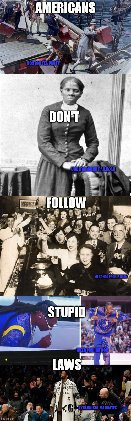 Murica | AMERICANS; BOSTON TEA PARTY; DON'T; FOLLOW; UNDERGROUND RAILROAD; STUPID; ALCOHOL PROHIBITION; LAWS; WEED PROHIBITION; TYRANNICAL MANDATES | image tagged in america,freedom,black and white,covid,mask | made w/ Imgflip meme maker