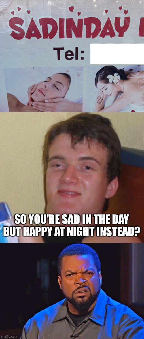 SO YOU'RE SAD IN THE DAY BUT HAPPY AT NIGHT INSTEAD? | image tagged in stoned guy,ice cube wtf face | made w/ Imgflip meme maker