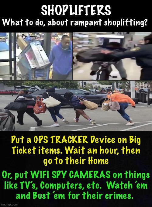 This used to be criminal… it used to matter | SHOPLIFTERS; What to do, about rampant shoplifting? Put a GPS TRACKER Device on Big
Ticket items. Wait an hour, then
go to their Home; Or, put WIFI SPY CAMERAS on things
like TV’s, Computers, etc.  Watch ‘em
and Bust ‘em for their crimes. | image tagged in memes,crime is so commonplace,who likes it like that,not good people,democrat politicians district attorneys,kiss my ass | made w/ Imgflip meme maker