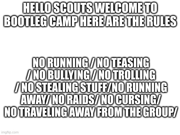 More Info In The Comments.. | HELLO SCOUTS WELCOME TO BOOTLEG CAMP HERE ARE THE RULES; NO RUNNING / NO TEASING / NO BULLYING / NO TROLLING / NO STEALING STUFF/NO RUNNING AWAY/ NO RAIDS/ NO CURSING/ NO TRAVELING AWAY FROM THE GROUP/ | image tagged in blank white template | made w/ Imgflip meme maker