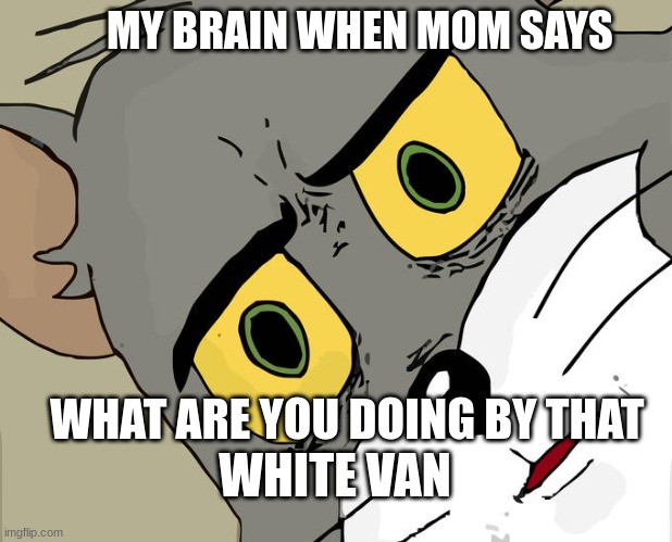 Unsettled Tom | MY BRAIN WHEN MOM SAYS; WHAT ARE YOU DOING BY THAT; WHITE VAN | image tagged in memes,unsettled tom | made w/ Imgflip meme maker
