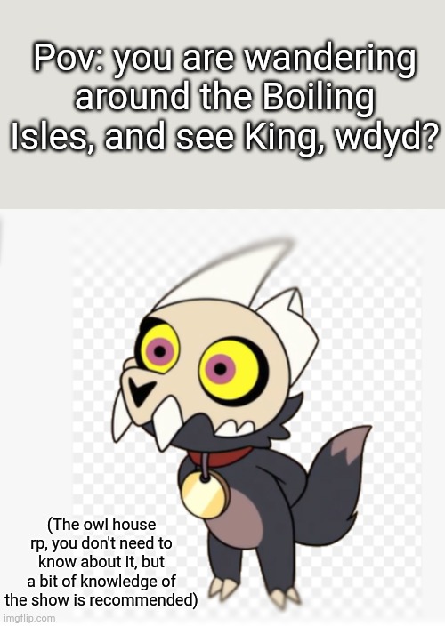 (No ERP or romance, any other RP is fine) | Pov: you are wandering around the Boiling Isles, and see King, wdyd? (The owl house rp, you don't need to know about it, but a bit of knowledge of the show is recommended) | image tagged in the owl house | made w/ Imgflip meme maker