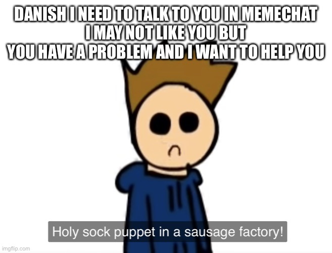 holy sock puppet in a sausage factory | DANISH I NEED TO TALK TO YOU IN MEMECHAT
I MAY NOT LIKE YOU BUT YOU HAVE A PROBLEM AND I WANT TO HELP YOU | image tagged in holy sock puppet in a sausage factory | made w/ Imgflip meme maker
