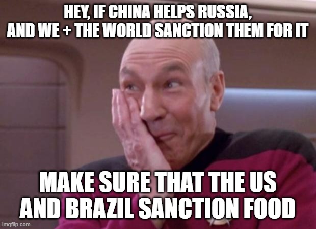 We make up 40%+ of their food imports, so if thats gone, there will be a food crisis and instability | HEY, IF CHINA HELPS RUSSIA, AND WE + THE WORLD SANCTION THEM FOR IT; MAKE SURE THAT THE US AND BRAZIL SANCTION FOOD | image tagged in picard smirk | made w/ Imgflip meme maker
