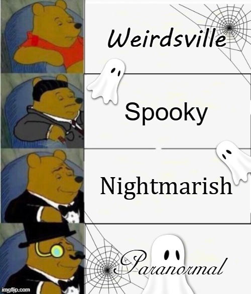Time To Get Spoo-Kay!!! | Weirdsville; Spooky; Nightmarish; Paranormal | image tagged in tuxedo winnie the pooh 4 panel,halloween is coming,horror,ghosts,monsters,haunted | made w/ Imgflip meme maker