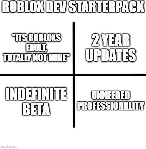roblox starterpack | ROBLOX DEV STARTERPACK; 2 YEAR UPDATES; "ITS ROBLOXS FAULT, TOTALLY NOT MINE"; INDEFINITE BETA; UNNEEDED PROFESSIONALITY | image tagged in memes,blank starter pack | made w/ Imgflip meme maker