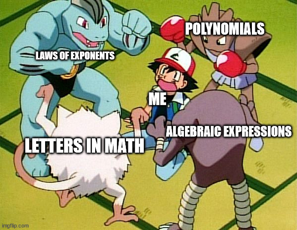 pokemon in math | POLYNOMIALS; LAWS OF EXPONENTS; ME; ALGEBRAIC EXPRESSIONS; LETTERS IN MATH | image tagged in pokemon gang,math | made w/ Imgflip meme maker