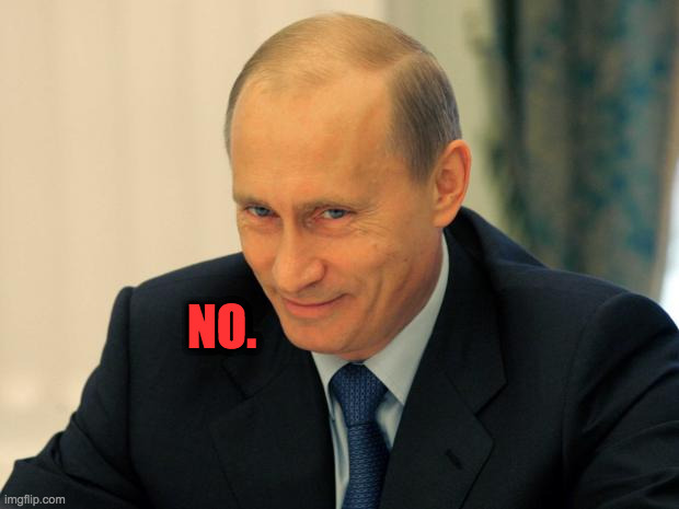 vladimir putin smiling | NO. | image tagged in vladimir putin smiling | made w/ Imgflip meme maker