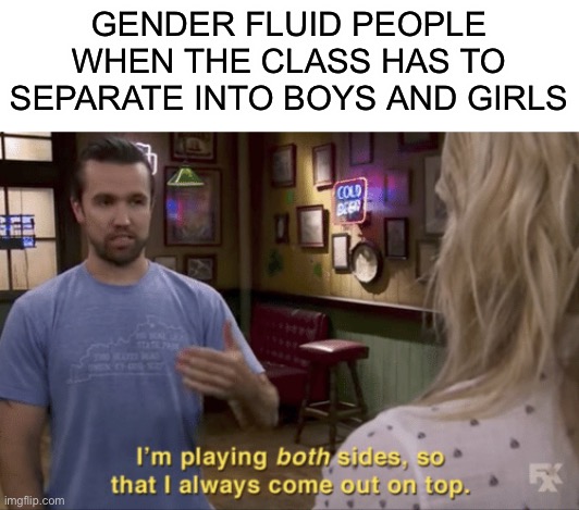 Brain size: Mega | GENDER FLUID PEOPLE WHEN THE CLASS HAS TO SEPARATE INTO BOYS AND GIRLS | image tagged in i play both sides | made w/ Imgflip meme maker