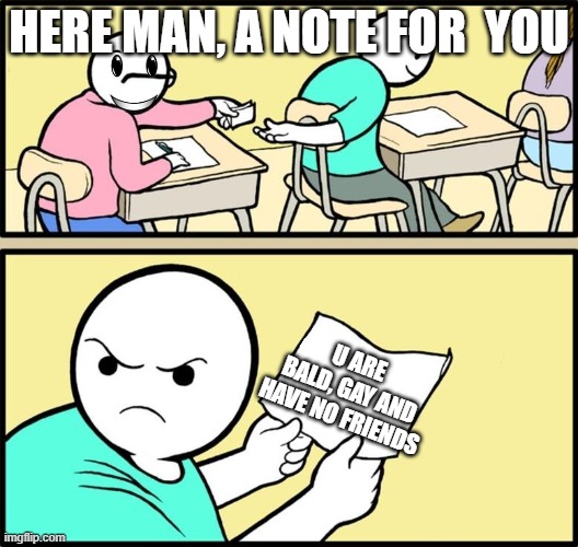 IS this u guys? | HERE MAN, A NOTE FOR  YOU; U ARE BALD, GAY AND HAVE NO FRIENDS | image tagged in note passing | made w/ Imgflip meme maker