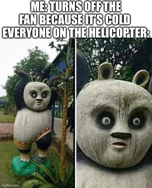 Kung fu panda design fail | ME: TURNS OFF THE FAN BECAUSE IT’S COLD 
EVERYONE ON THE HELICOPTER: | image tagged in failure,helicopter | made w/ Imgflip meme maker