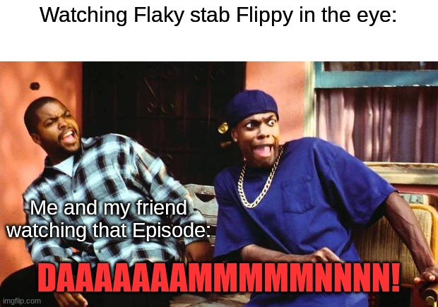 Actual experience watching HTF | Watching Flaky stab Flippy in the eye:; Me and my friend watching that Episode:; DAAAAAAAMMMMMNNNN! | image tagged in ice cube damn | made w/ Imgflip meme maker