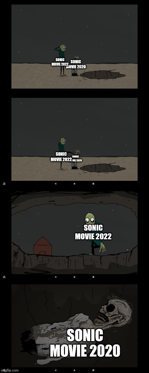 Sonic movie 2022 kicks sonic movie 2020 into a hole | SONIC MOVIE 2022; SONIC MOVIE 2020; SONIC MOVIE 2022; SONIC MOVIE 2020; SONIC MOVIE 2022; SONIC MOVIE 2020 | image tagged in salad fingers kicks kenneth into a hole meme,sonic movie,2022,2020,salad fingers,memes | made w/ Imgflip meme maker