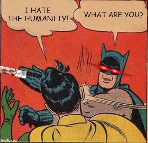 Batman Slapping Robin Meme | I HATE THE HUMANITY! WHAT ARE YOU? | image tagged in memes,batman slapping robin | made w/ Imgflip meme maker