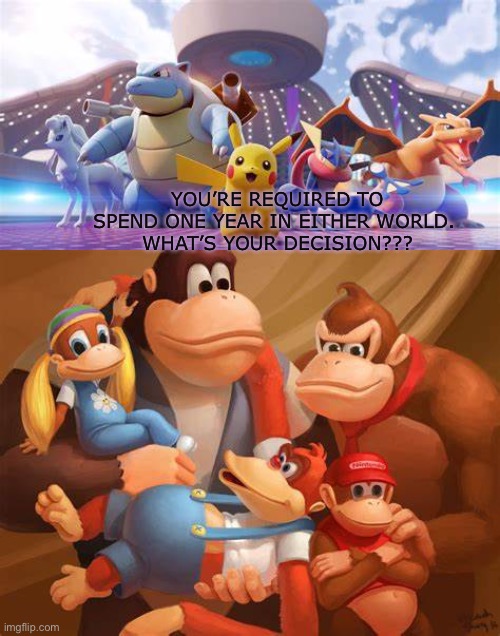 Pokémon VS DK | YOU’RE REQUIRED TO SPEND ONE YEAR IN EITHER WORLD. 
WHAT’S YOUR DECISION??? | image tagged in pokemon,donkey kong,nintendo | made w/ Imgflip meme maker