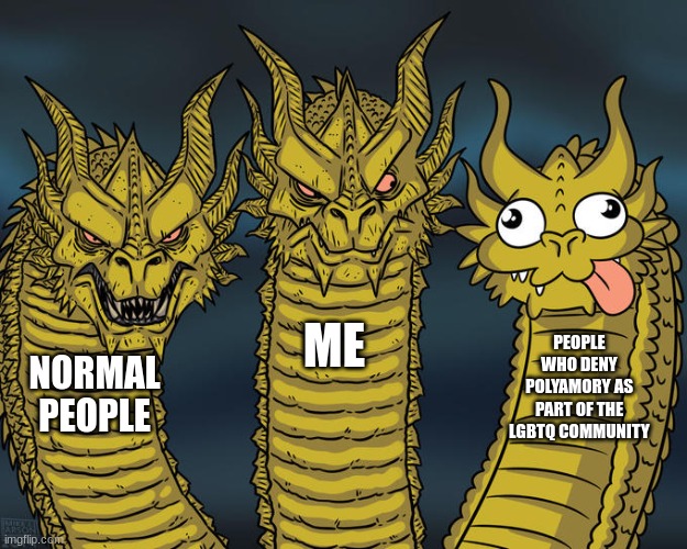 yall please- | ME; PEOPLE WHO DENY POLYAMORY AS PART OF THE LGBTQ COMMUNITY; NORMAL PEOPLE | image tagged in three-headed dragon,polyamory,poly,lgbtq | made w/ Imgflip meme maker
