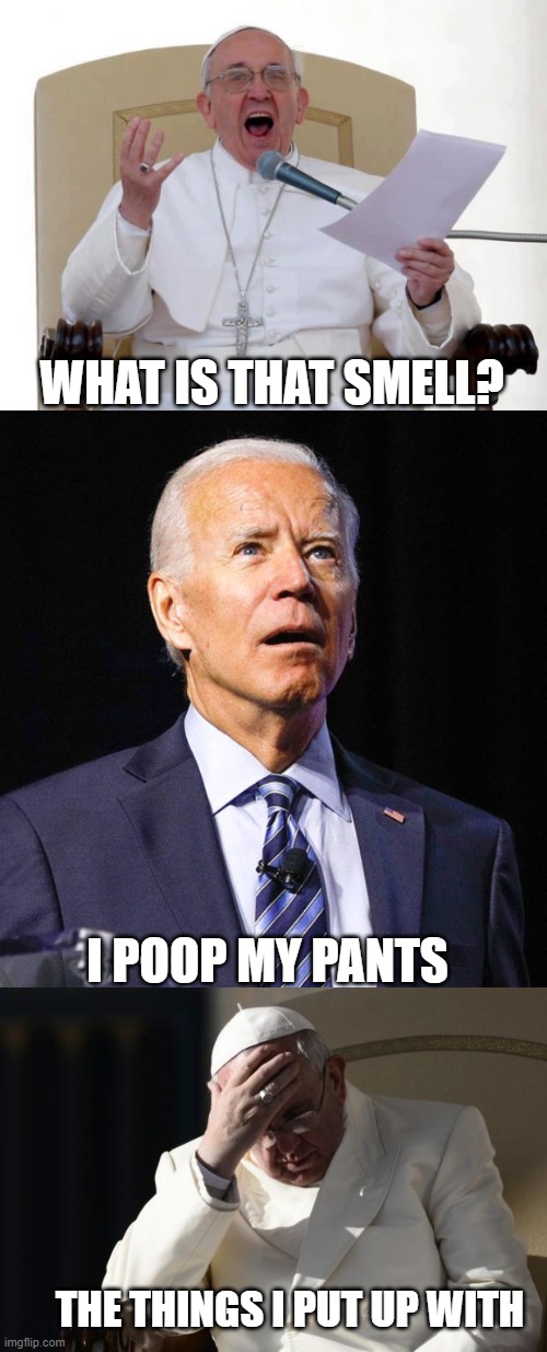 WHAT IS THAT SMELL? I POOP MY PANTS THE THINGS I PUT UP WITH | image tagged in pope francis angry,joe biden,pope francis facepalm | made w/ Imgflip meme maker