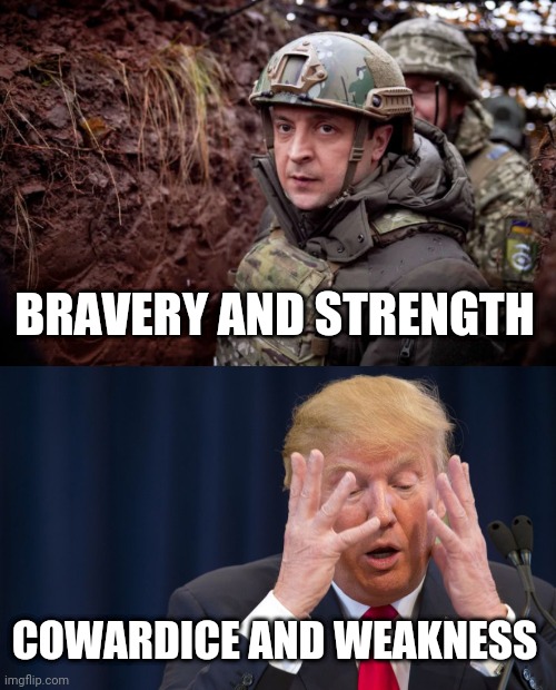 Real President vs. Fake President | BRAVERY AND STRENGTH; COWARDICE AND WEAKNESS | image tagged in zelensky fafo,trump scared | made w/ Imgflip meme maker
