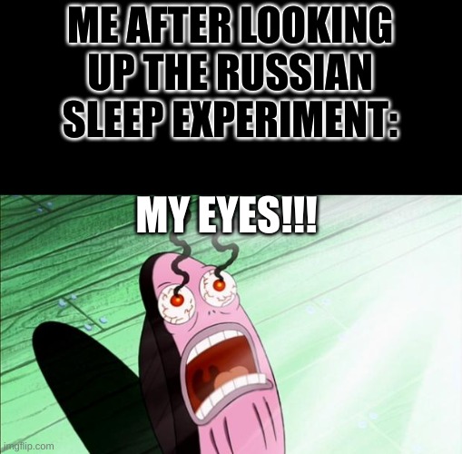 to be honest the pictures look VERY creepy | ME AFTER LOOKING UP THE RUSSIAN SLEEP EXPERIMENT:; MY EYES!!! | image tagged in spongebob my eyes | made w/ Imgflip meme maker