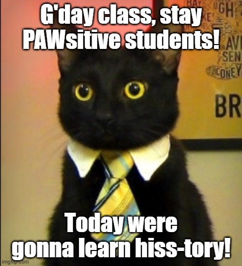 PAWsitive Cat Teacher | G'day class, stay PAWsitive students! Today were gonna learn hiss-tory! | image tagged in cat in tie,pawsitive,puns,hiss-tory | made w/ Imgflip meme maker