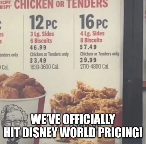 Sir, your $40 chicken tendies are ready | WE’VE OFFICIALLY HIT DISNEY WORLD PRICING! | image tagged in chicken,tendies,chicken nuggets | made w/ Imgflip meme maker