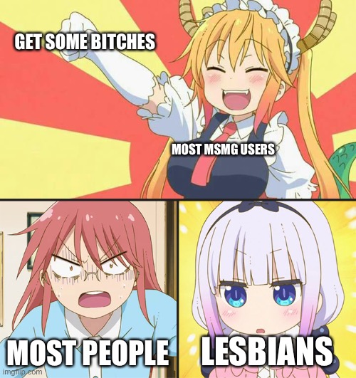 Dragon Maid Toothless Meme | GET SOME BITCHES; MOST MSMG USERS; MOST PEOPLE; LESBIANS | image tagged in dragon maid toothless meme | made w/ Imgflip meme maker