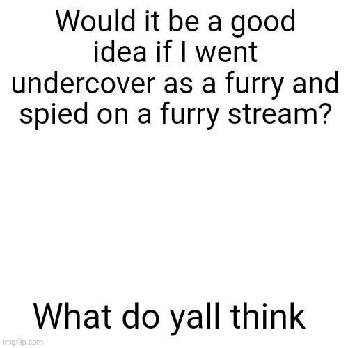 I dunno if it's a good idea or a bad idea | Would it be a good idea if I went undercover as a furry and spied on a furry stream? What do yall think | image tagged in memes,blank transparent square,anti furry | made w/ Imgflip meme maker